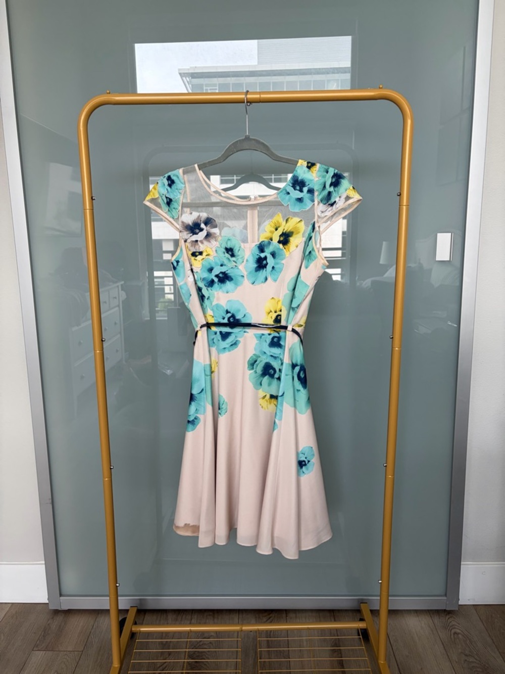 Floral Fit-and-Flare Midi Dress in Blush with Teal & Yellow Accents